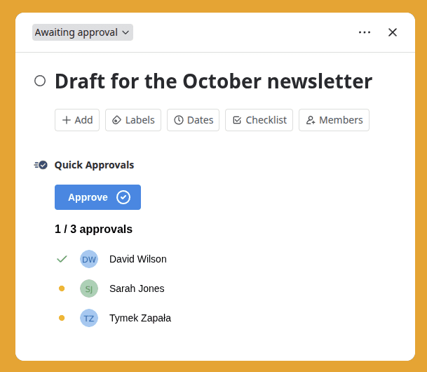 Approve button and approval list on the card back