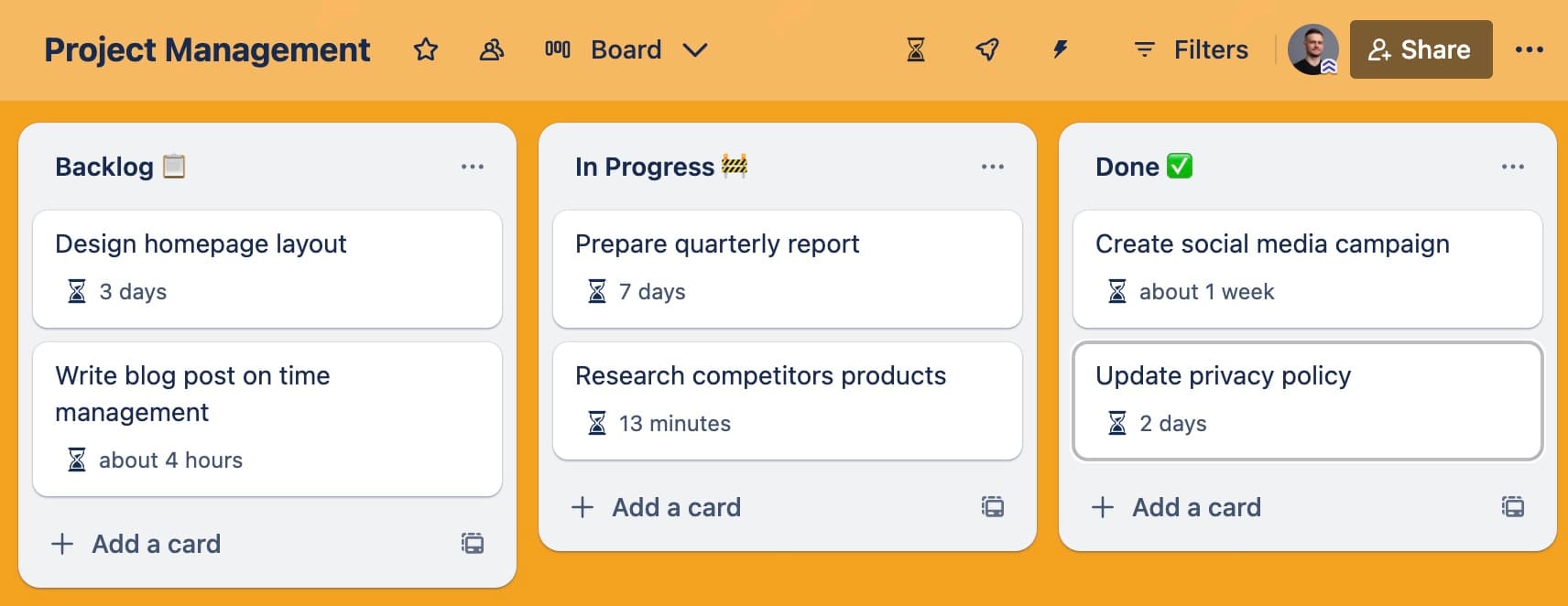 Tracking time in list on Trello board