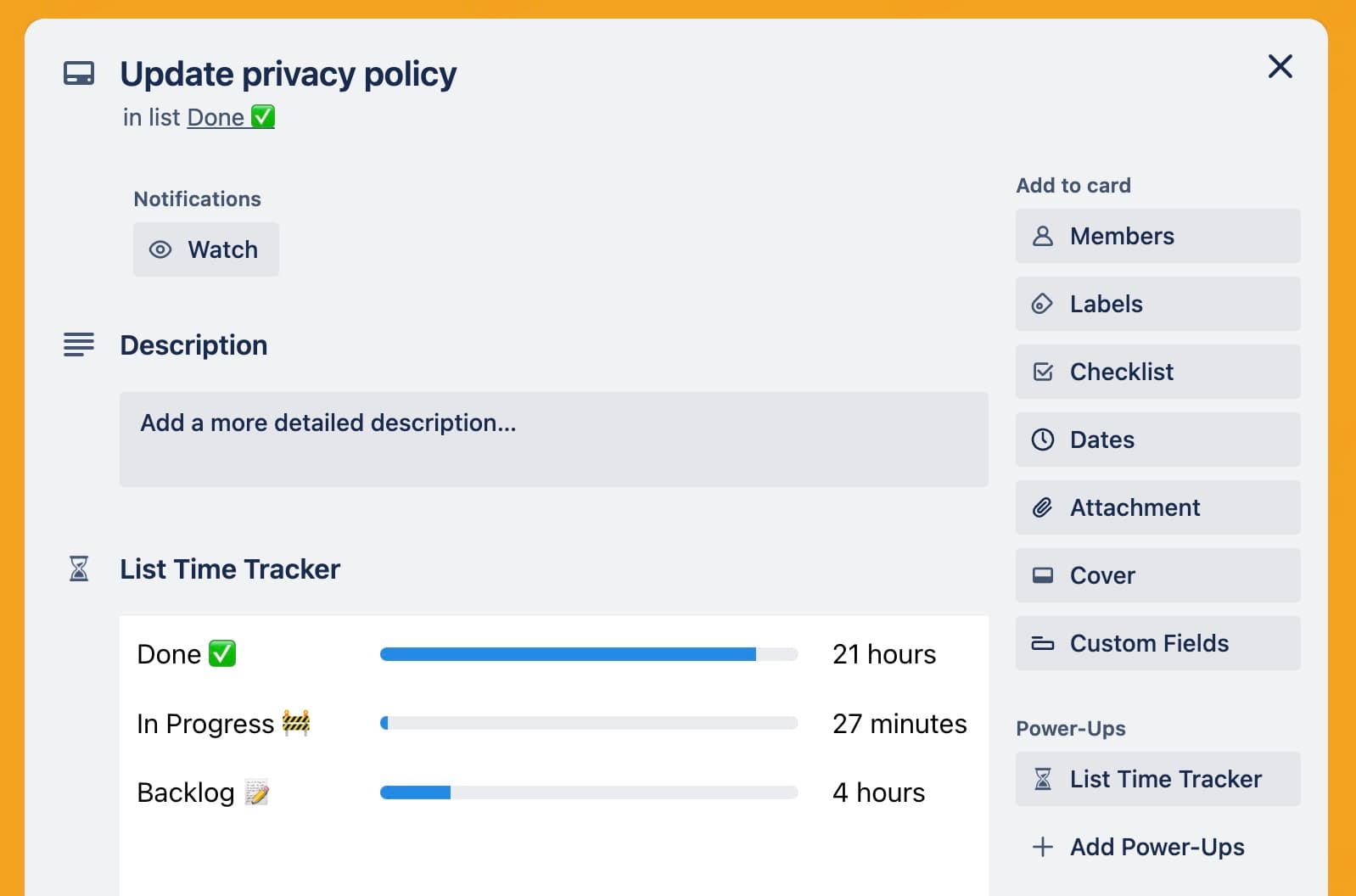 Tracking time in list on Trello cards